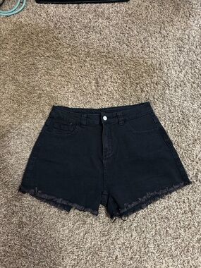 High-Waist Black Denim Frayed Hem Women's Shorts
